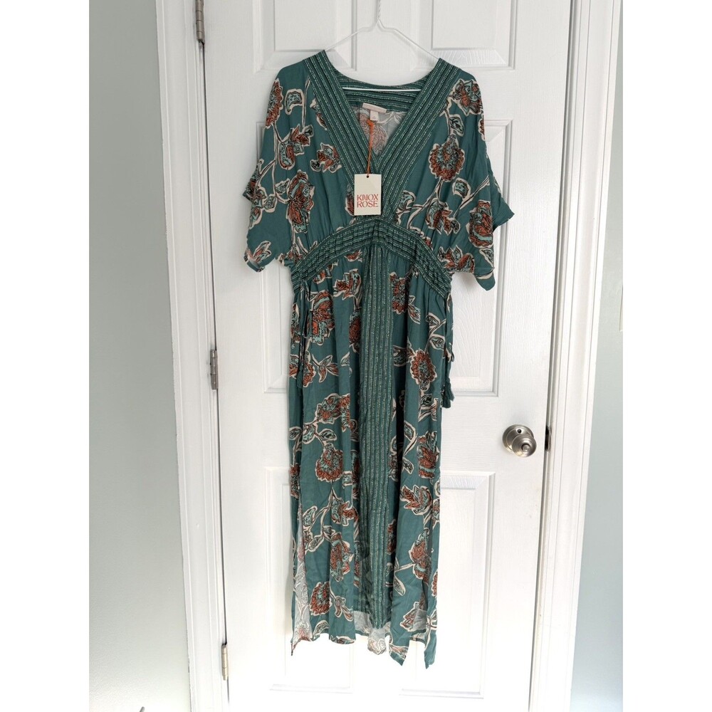 Knox Rose Boho Maxi Kaftan Dress Teal Orange Floral Smocking- M NWT